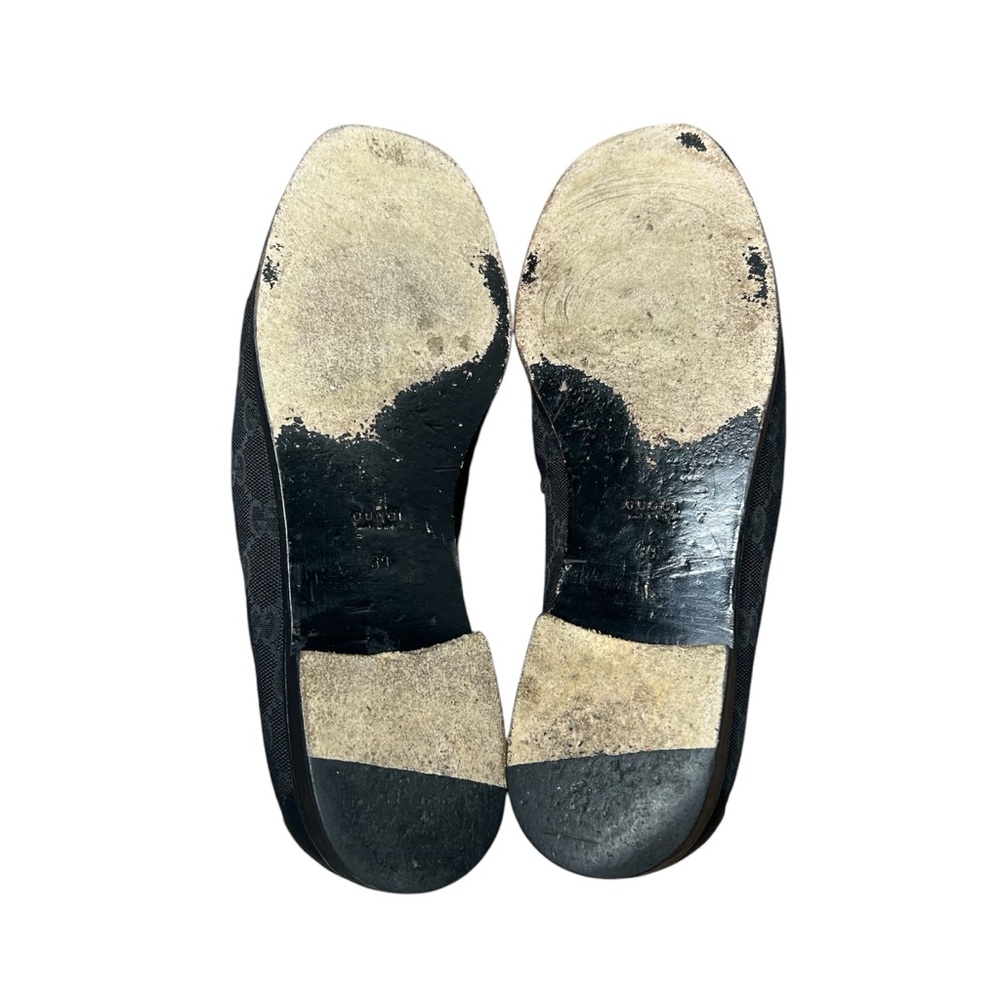GUCCI Horsebit Loafers Black Leather GG Logo Monogram Canvas Silver Size 39 EU - Picture 7 of 8
